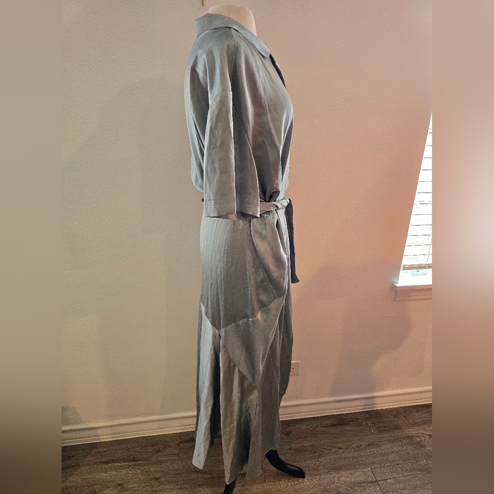 Burberry NEW Emily Mineral Blue 100% SILK Satin Tie Waist Shirt Dress Size 10 - Picture 13 of 16